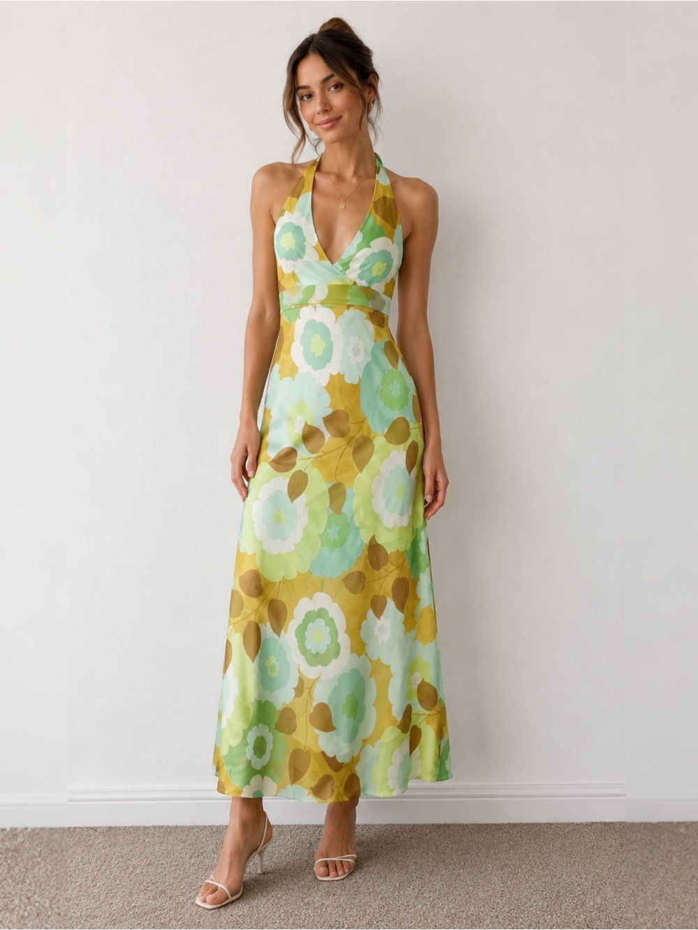 Odille Antropologie green halter Y2k retro tie back bohemian maxi dress